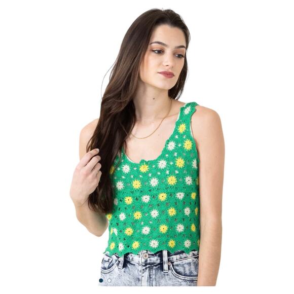 New in NWT Floral Crochet Lace Cropped Tank Top Kelley Green Size S/M - Picture 12 of 15